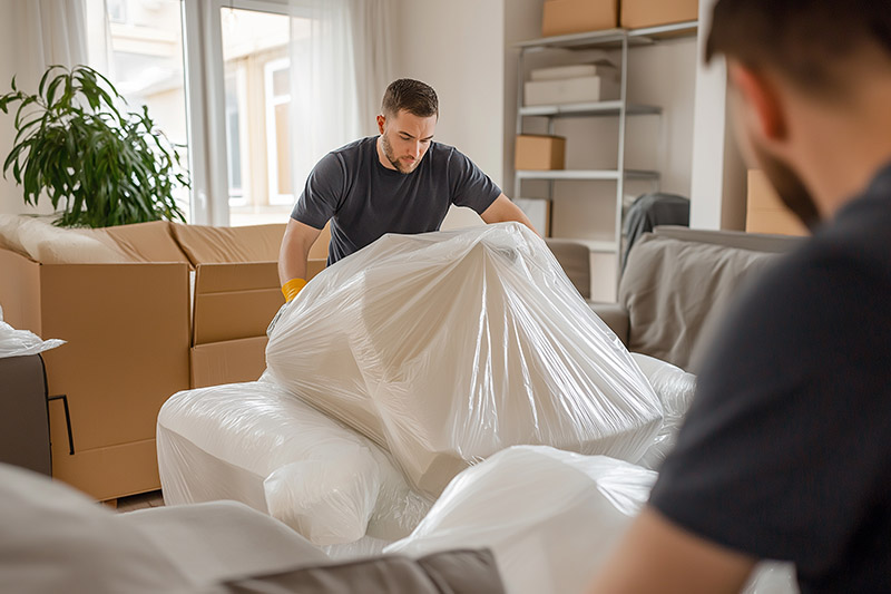 ICS Pack Zwei Profi-Umzugshelfer beim Verpacken von Möbeln